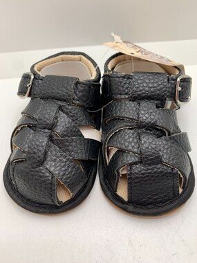 Baby Fashion Black Sandals With Buckle For 0-6 Months Faux Leather Non-Slip Sole